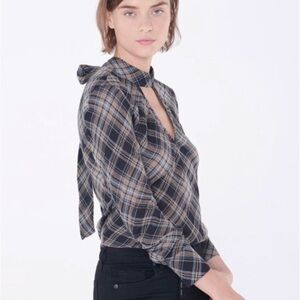 Veronica Beard Wade Metallic Plaid Tie-Neck Top, Black‎ / Gold